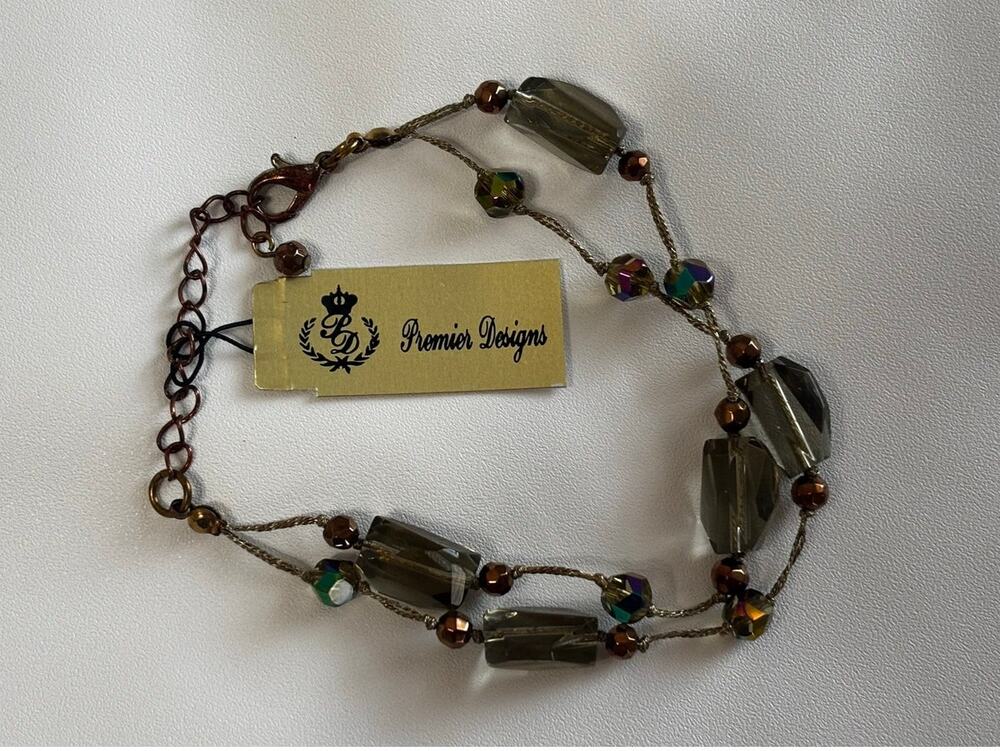 Premier Designs bronze bracelet with prism cut beads, green, clear gold